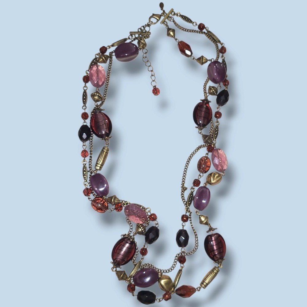 Vintage Premier Design Gold Tone Multi-strand Purple Glass Bead Necklace